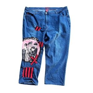 Gorillaz Custom Patchwork Jeans Blue Denim Striped DIY Punk Rock 26WP upcycled